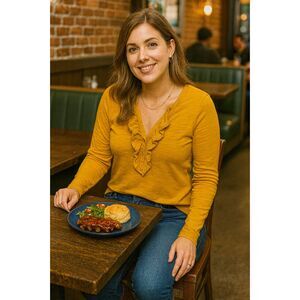 Loft Top M Mustard Gold Ruffle V-Neck Long Sleeves Romantic Bohochic Feminine